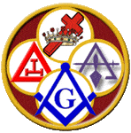A circular emblem featuring overlapping Masonic symbols: a blue square and compass with a letter G, a red triangle with a white keystone, a crown atop a red cross, and a purple double triangle with a staff.