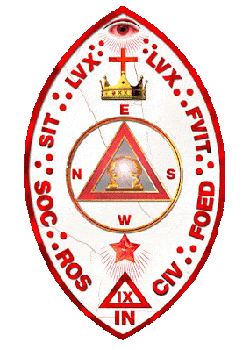 A red-bordered oval emblem featuring an eye at the top, a crown with a cross, a compass rose, a glowing triangle, and Latin phrases around the edge, with a red five-pointed star and Roman numerals at the bottom.