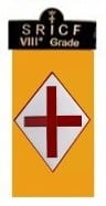 Third Order A badge with a yellow background featuring a red cross in a white diamond. The top black section displays SRICF VIII° Grade with a small cross above the letters.