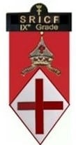 magnus Red and white badge with a red cross inside a white diamond, a gold crown and cross above, and a black bar at the top labeled S R I C F IX° Grade in gold letters.