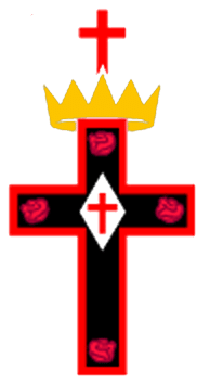 sricf-44200 A black cross with a red border, decorated with four red roses and a white diamond at the center containing a smaller red cross. Above the cross are a yellow crown and a smaller red cross.